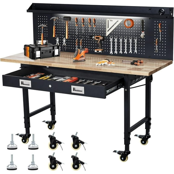 Sunvasagoo 60" Heavy Duty Adjustable Workbench with Rubberwood Top, Power, Pegboard & Wheels
