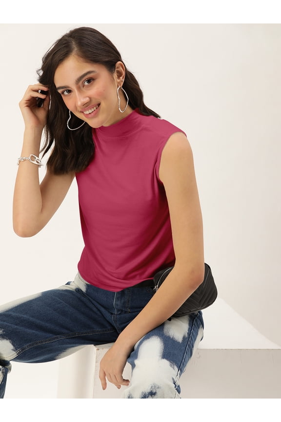 Women's Solid Viscose Jersey Top Casual Summer Turtle Neck Sleeveless Western Style Slip-On Light Weighted Waist Length Loose Fitted Blouse Top