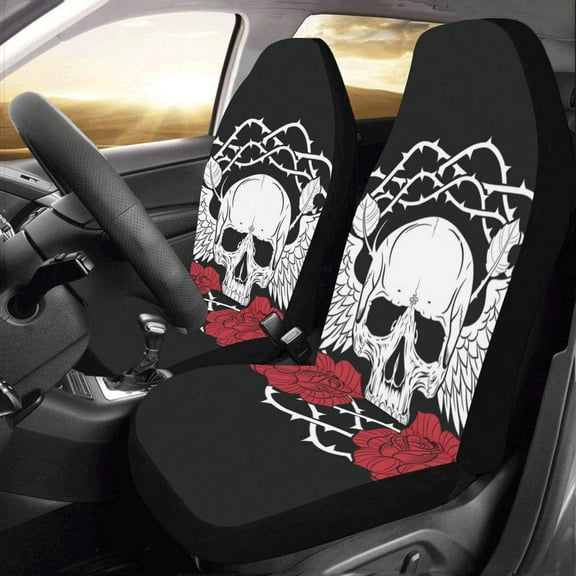 ZHANZZK Set of 2 Car Seat Covers Skull and Roses Universal Auto Front Seats Protector Fits for Car,SUV Sedan,Truck