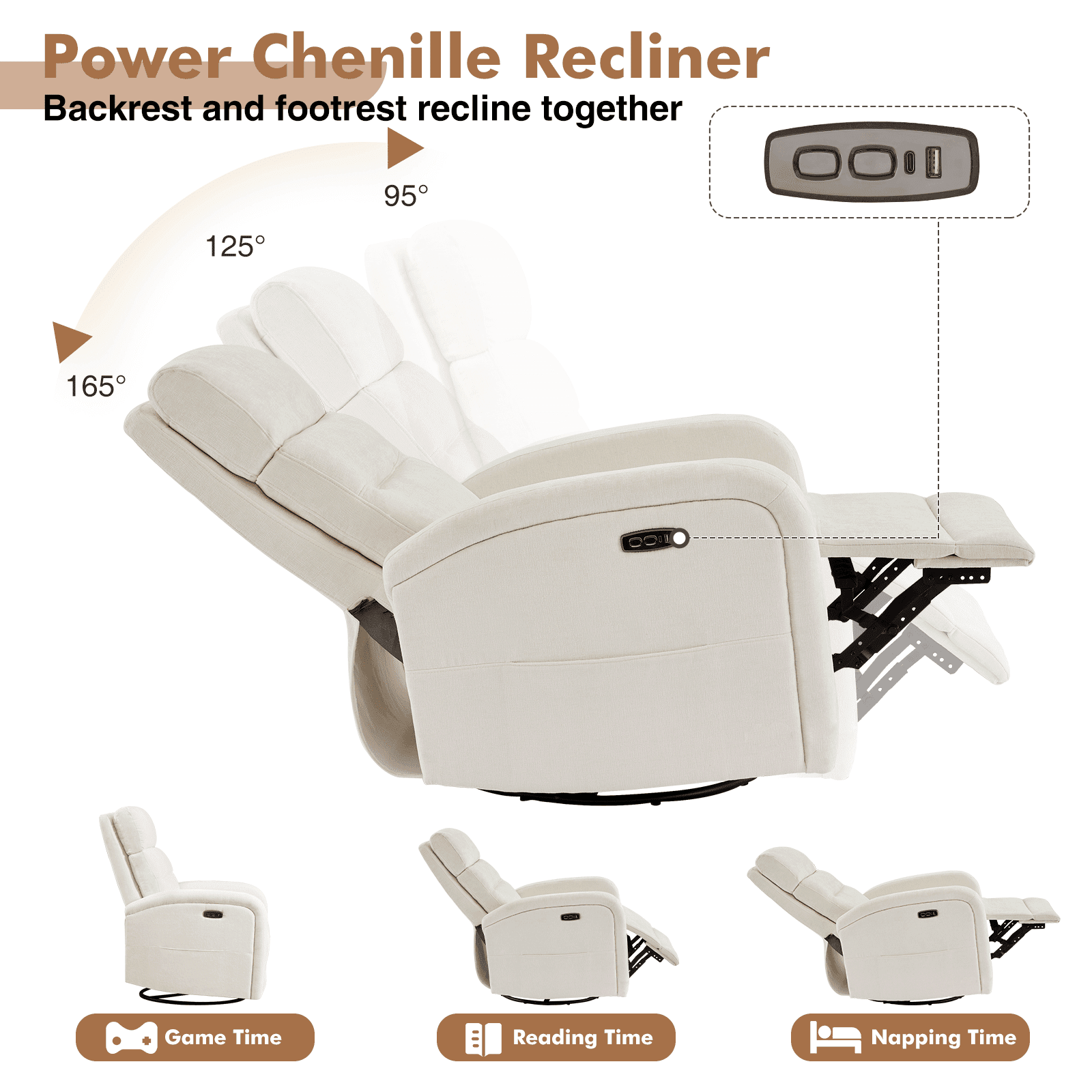 Aemeios Power Swivel Rocker Recliner Chair, Chenille Nursery Recliner for Living Room, Camel