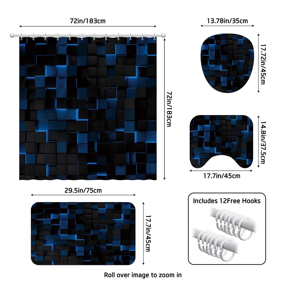 4pcs Modern Blue and Black 3D Cube Shower Curtain Set for Bathroom