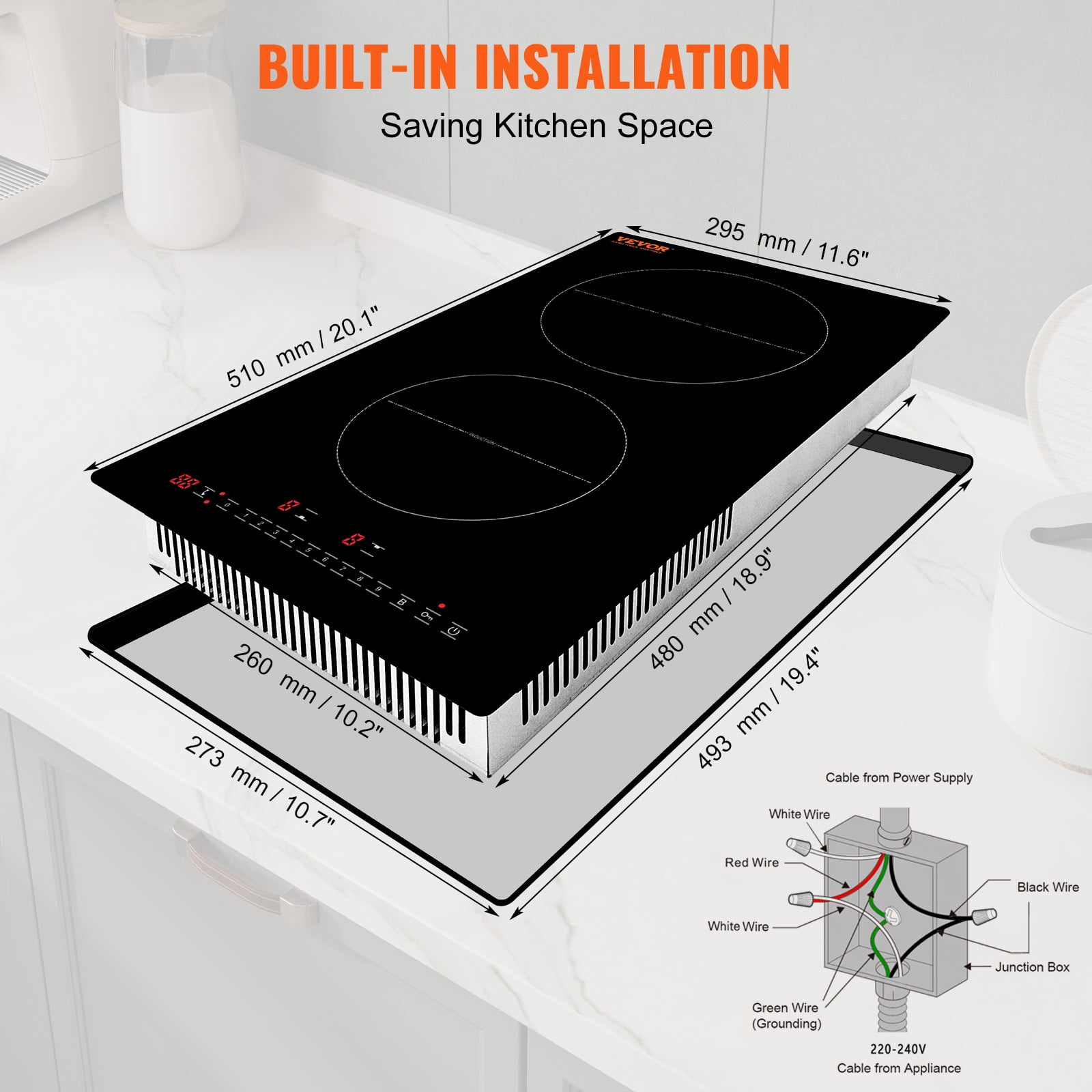 SKYSHALO 12'' Built-in Induction Electric Stove Top ,2 Burners Multifunctional Burner Electric Cooktop,9 Heating Level & Sensor Touch Control, Easy to Clean Ceramic Glass Surface