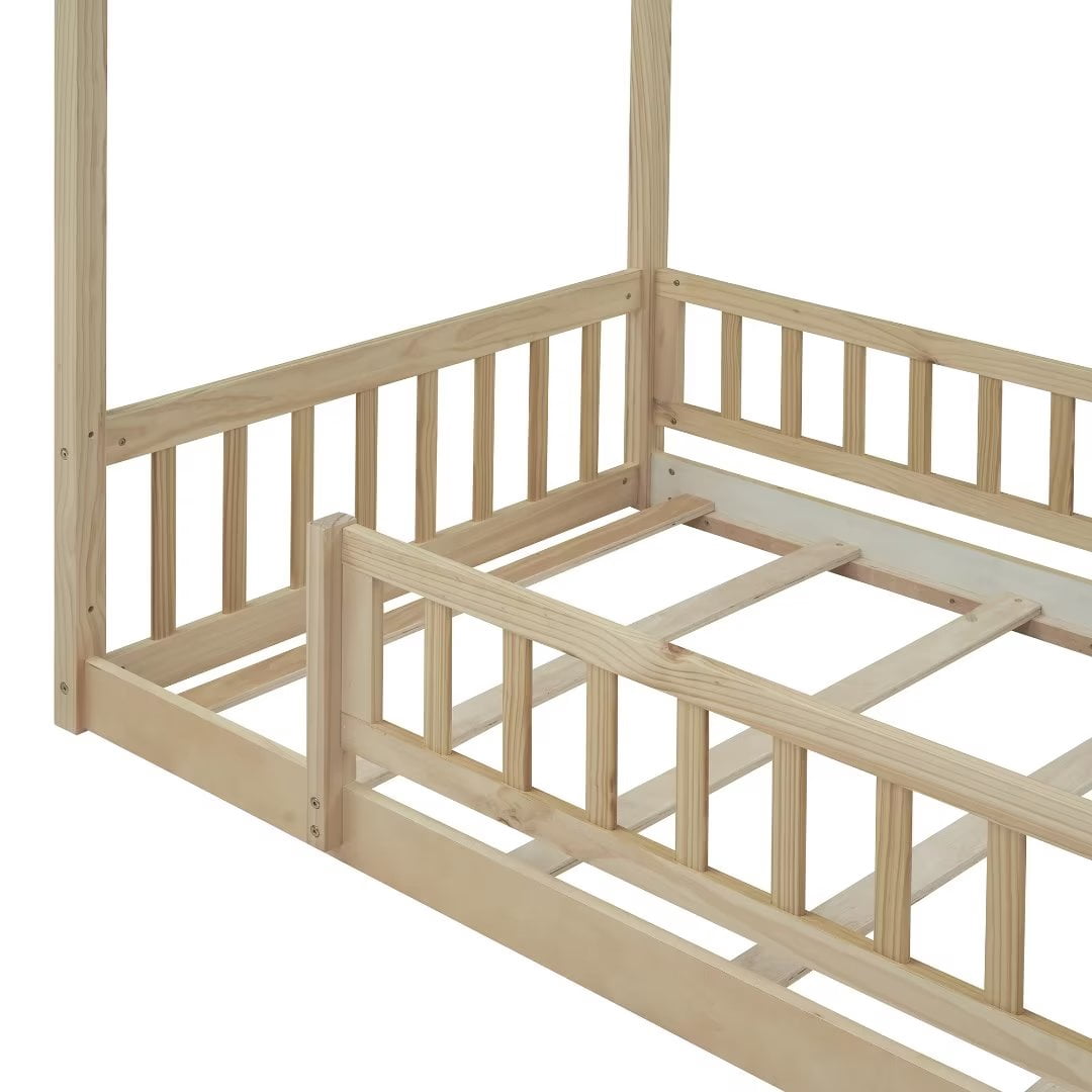 Twin Size House Bed, Wood Floor Bed with Fence and Roof, Montessori Bed Playhouse Bed Toddler Bed Frame for Kids Girls and Boys, Natural