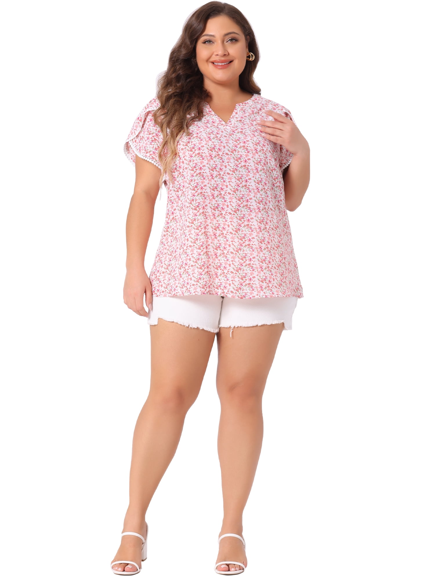 Women's Plus Tops Floral V Neck Tulip Sleeve T-Shirt Tee Summer Top 1X Pink