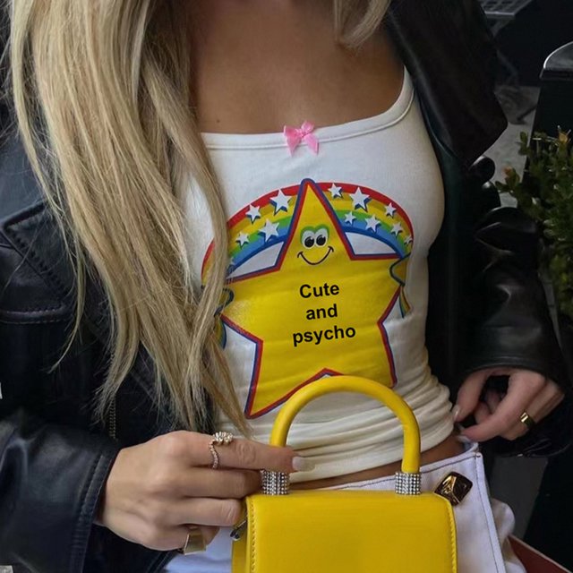 Chaleco Y2K Girls Small Camisole Bow Star Print Mujeres Chaleco Tops Streetwear (Blanco M) Cgtredaw Blanco T M para Mujer
