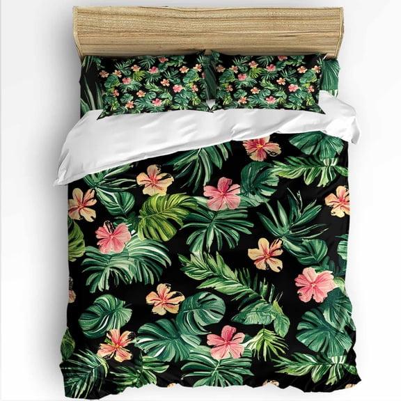Monstera Flower King Size Comforter Set, Floral Spring Garden Vintage Black Soft Bedding for All Seasons, 4 Pcs Bed Set with 1Comforter (90"x106") ,1 Sheet(94"x116"), 2 Pillowcases (19"x35")