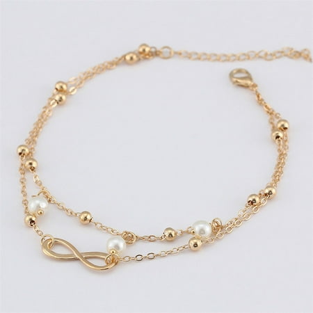 Glass Gold Chains Bracelets Infinity Love Womens Beauty Jewelry Pearl Charms Anklet Ankle Chain Bracelet (Gold) ()