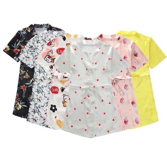 WOLLED 1-7Y Toddler Girls Silky Satin Kimono Robes Kids Baby Floral Short Bathrobes for Wedding Birthday Party Spa