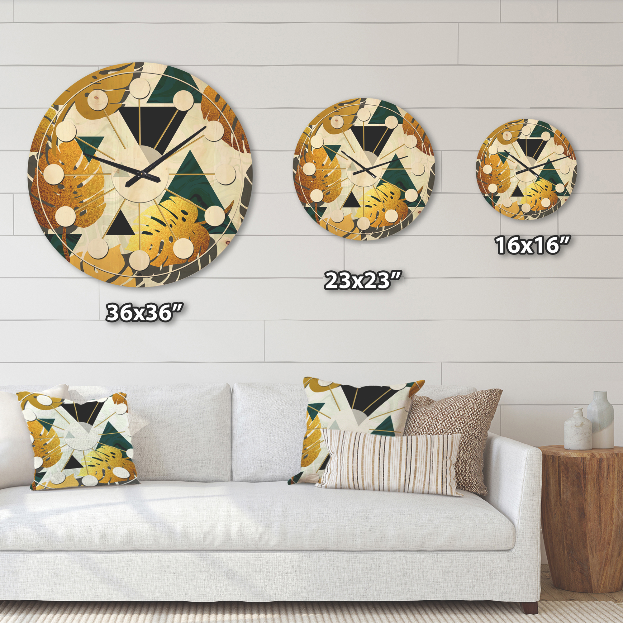 Designart 'Retro Golden Foliage V' Mid-Century Modern Wood Wall Clock