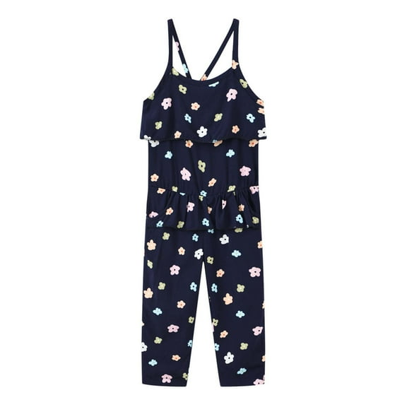 Odeerbi Toddler Floral Romper Kids Girls Summer Fashion 2025 Casual Printing Sleeveless Strap Jumpsuit Dark Blue