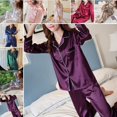 thumbnail image 3 of Fairnull 2Pcs Femmes Automne Couleur Unie Imitation Soie Chemise à Manches Longues Pantalon Pyjama Ensemble, 3 of 8