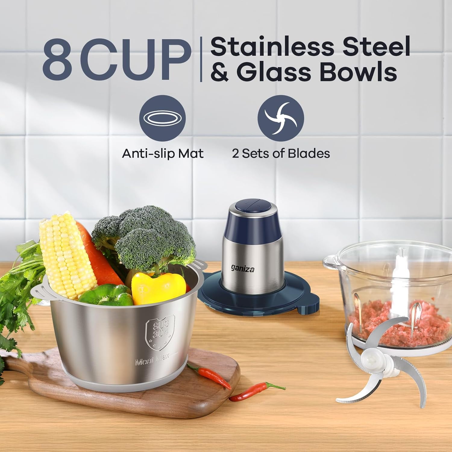 Food Processors, Electric Food Chopper with Meat Grinder & Vegetable Chopper - 2 Bowls (8 Cup+8 Cup) with Powerful 450W Copper Motor - Includes 2 Sets of Bi-Level Blades for Fruits/Meat/Nuts