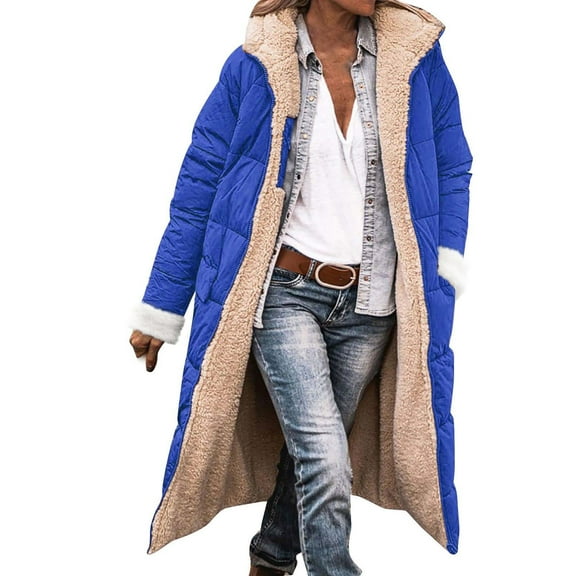 Women's Mid-Length Solid Color Winter Coat, Warm Hooded Long Sleeve Jacket with Soft Insulation, Knee-Length Casual Outerwear for Cold Weather, Classic Hood Daily Wear Parka Blue L