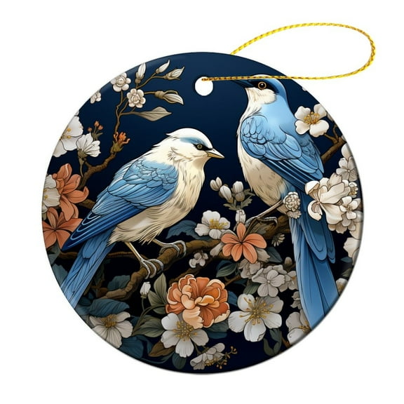 Christmas Ceramic Ornament Oriental Floral Garden with Birds Chinoiserie Blue Christmas Decoration Keepsake Ornament Classical Chinese Flower Xmas Trees Decorations Keepsake Gifts