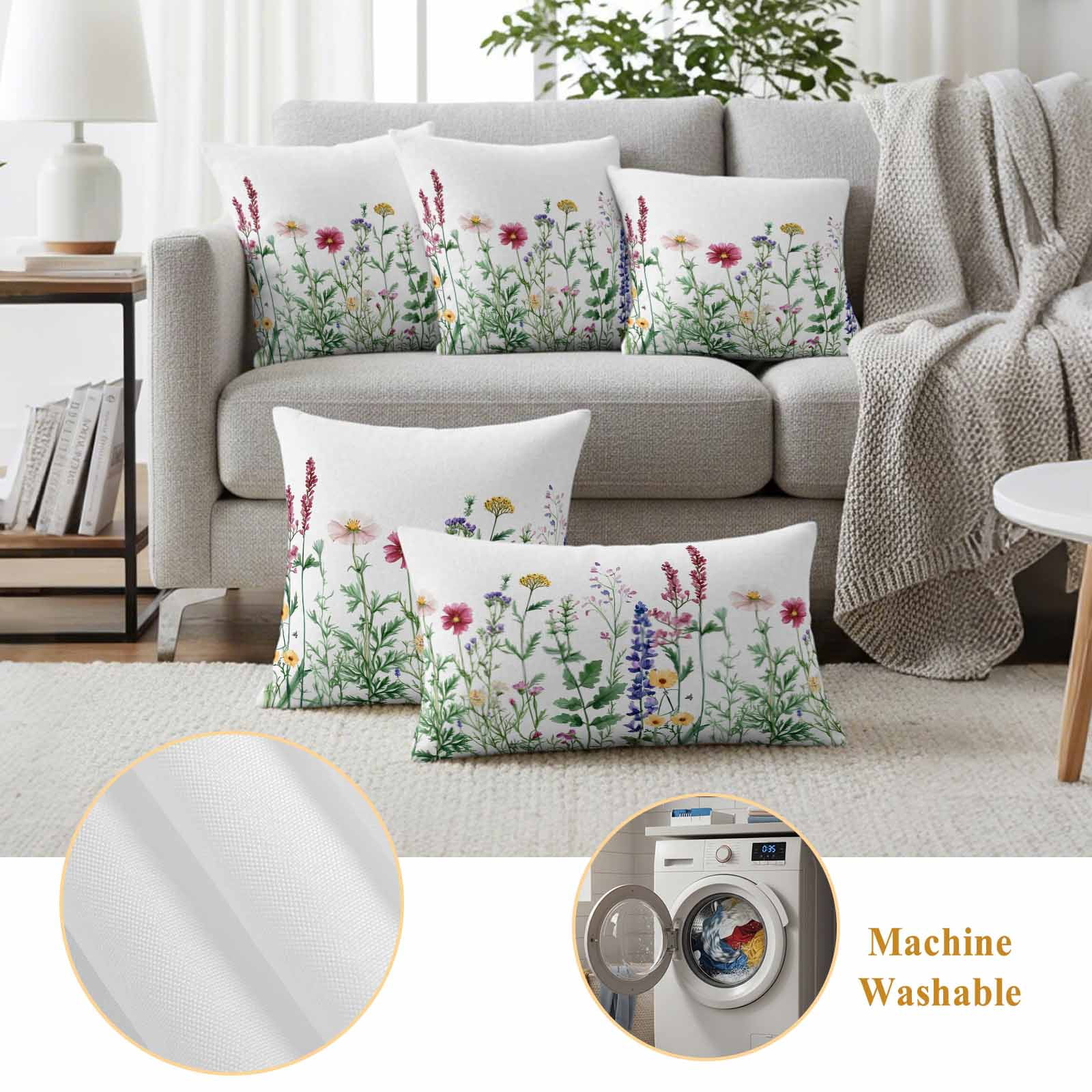 Spring Pink Pillow Covers 2 Pack Wildflower Lavender Botanical Sage Green Leaves Pillowcase Waterproof Outdoor Throw Pillow Cover for Patio Balcony Rectangular Cushion 20”x12”