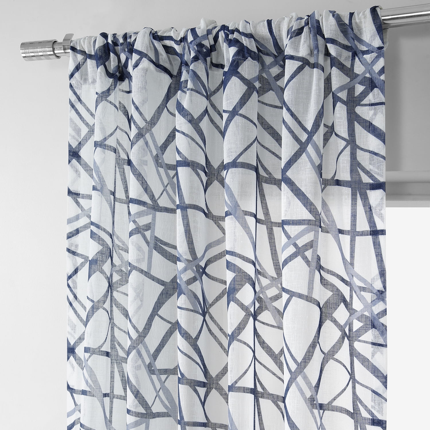 Matrix Blue Printed Faux Linen Sheer Curtain (1 Panel), Matrix Blue, 50W X 96L