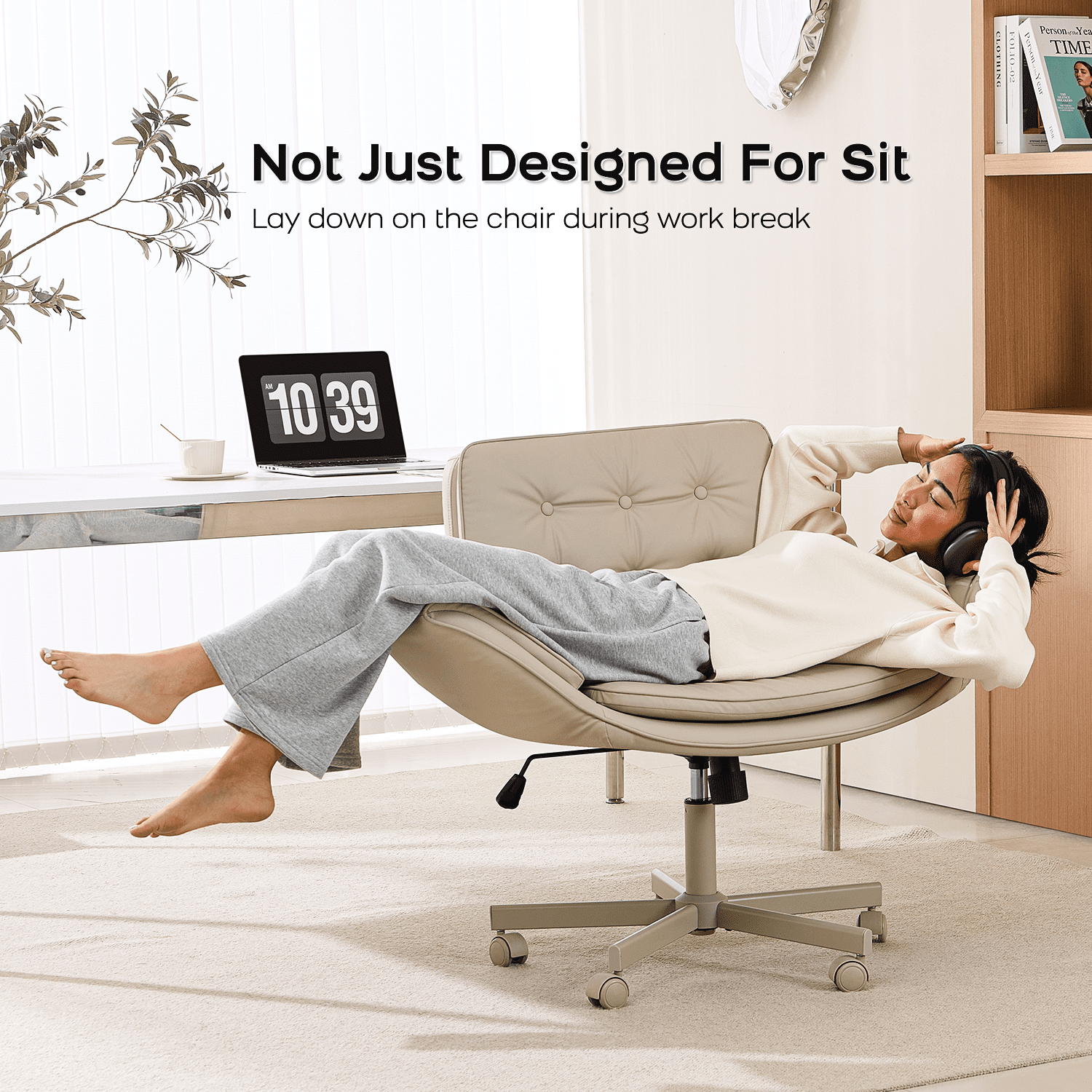 TMV Vanity Chair Oversized, Criss Cross Design Office Desk Chair - Big & Tall Computer Chair with Foldable Arms, Swivel and Wheels,Cream