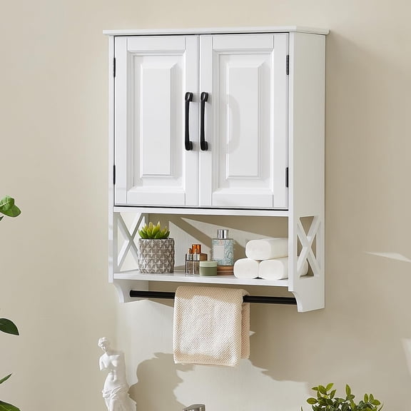 Wall Mounted Bathroom Cabinet, Farmhouse Medicine Cabinet with 2 Elegant Raised Panel Cabinet Doors, with Adjustable Shelf & Towel Bar – Over Toilet Storage Organizer for Small Spaces, White