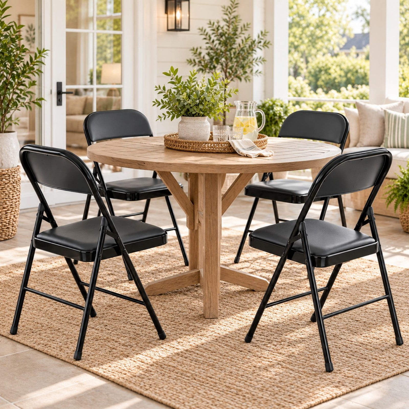 Telyra 4 Pack Folding Chairs Leather Padded Seat and Backrest Foldable Metal Chairs for Indoor Outdoor Use,Black