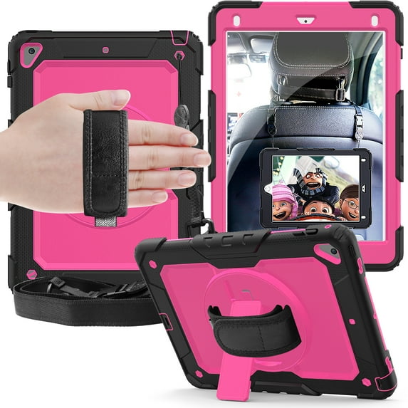 For Apple iPad Mini 4th / Mini 5th Generation Shockproof Protective 360 Rotating Stand W. Strap Case Cover - Black/Black