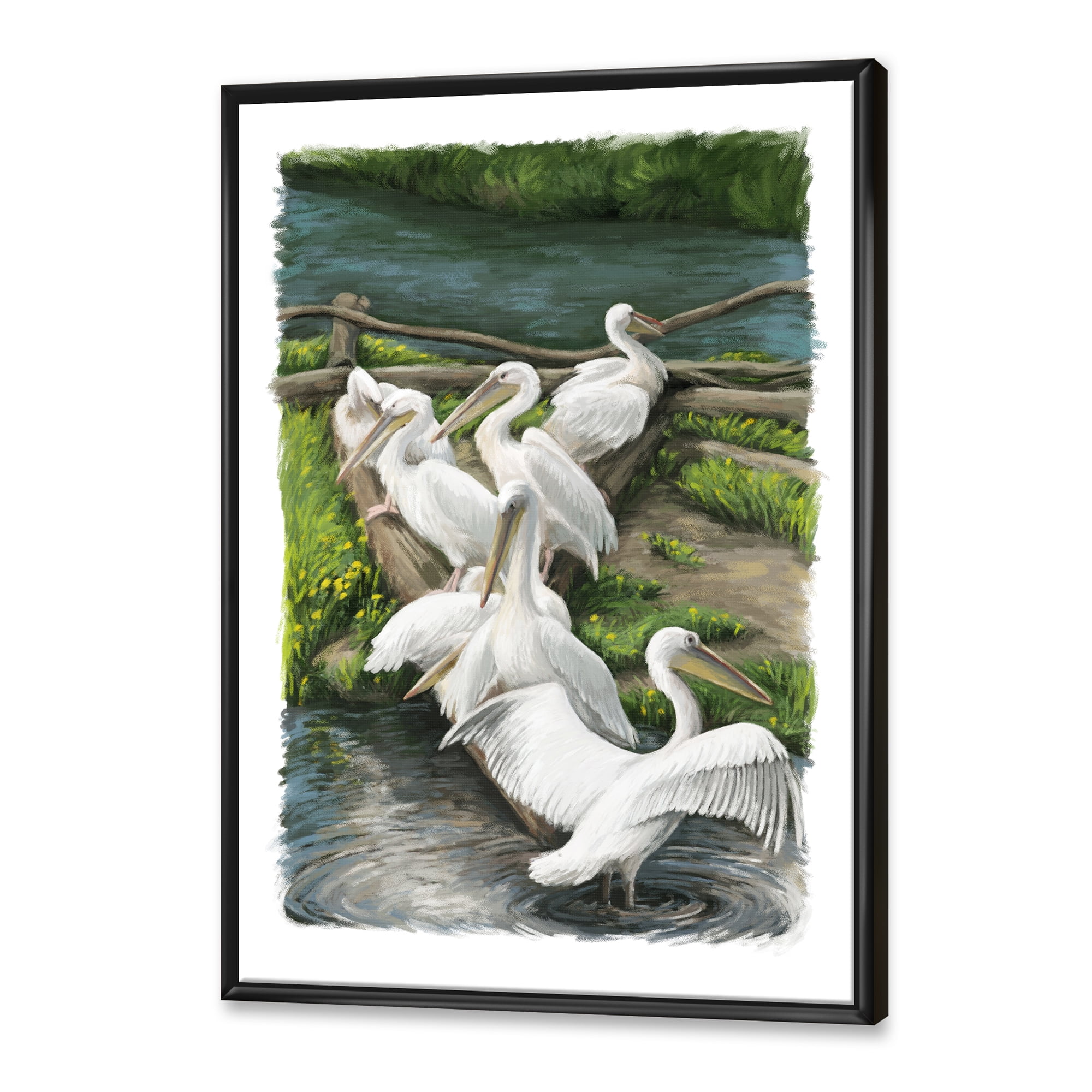 Designart 'Pelicans Resting Near The river Water' Traditional Framed Canvas Wall Art Print