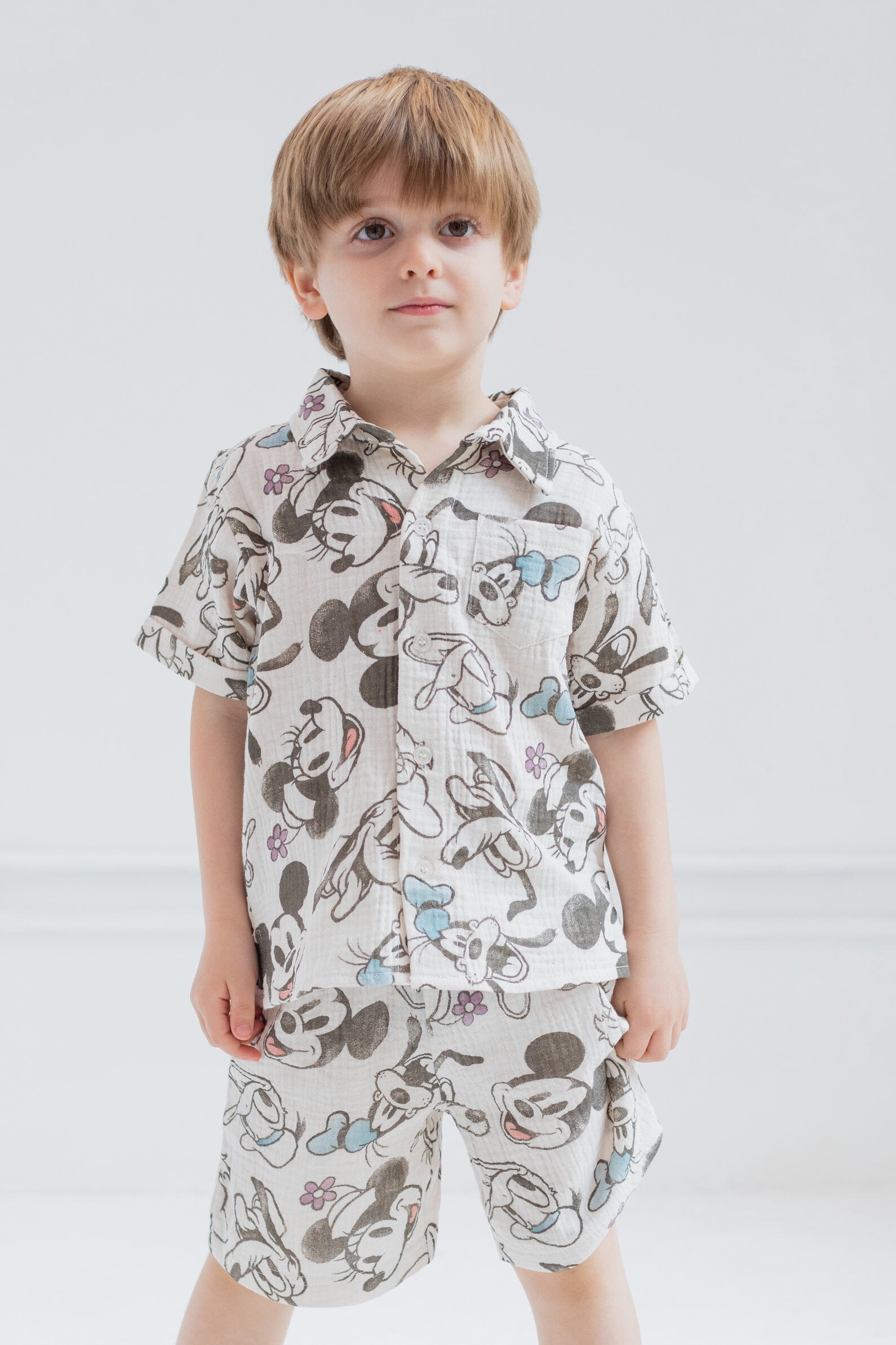 Disney Mickey Mouse Goofy Donald Duck Infant Baby Boys Cotton Gauze Button Down Dress Shirt and Shorts Outfit 24 Months