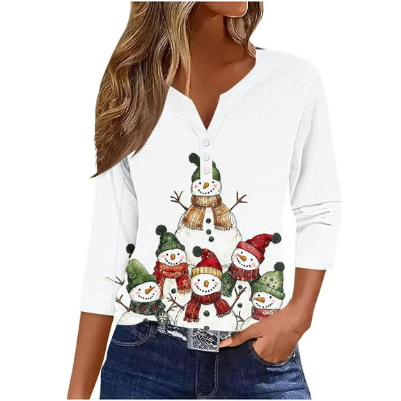 Fall Fashion Must Haves Women's Flattering V Neck Holiday Shirt 3/4 Sleeve with Christmas Pattern Tees Tshirts Tops for Seasonal Style Women Fall Clothes