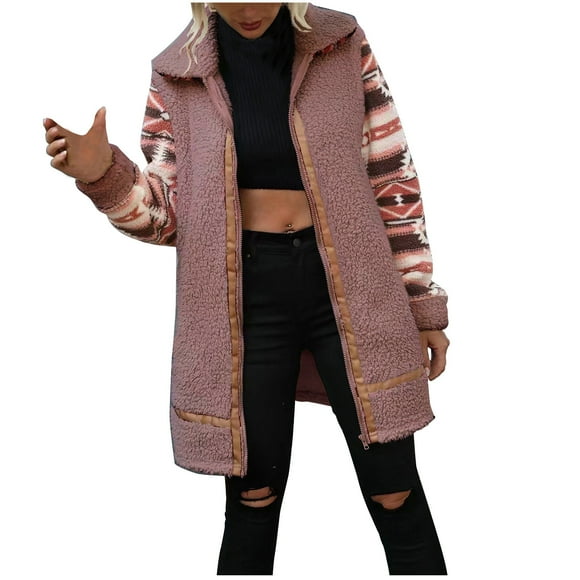 Virmaxy Manteau pour Femmes Cardigan en Polaire avec un Contraste de Couleurs Imprimé Col à Revers Longue Couture Fermeture Éclair Peluche Manches Longues à Capuche Veste Décontractée Rose L
