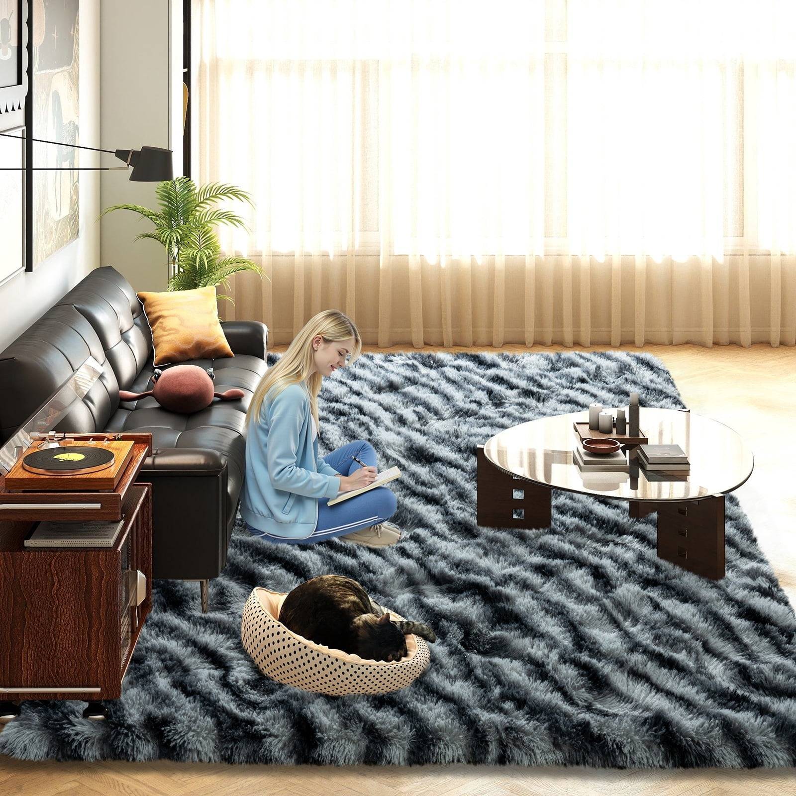 ZENELESS Fluffy Rugs,6x9ft Black and White Stripes Solid Shag Collection Carpet Perfect for Dining Room, Bedroom