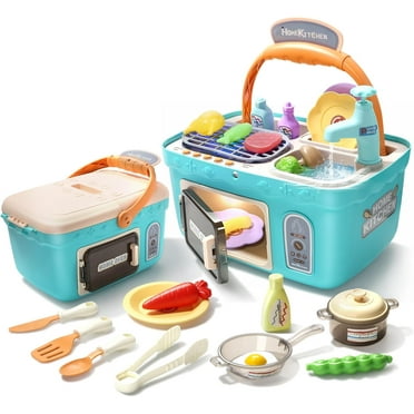 Kids Picnic & Kitchen Playset,Portable Pinic Basket with Musics & Lights, Color Changing Play Foods, Sink,Pretend Play Oven and Other Accessories Toys for Boys and Girls