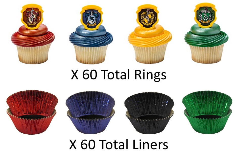 Harry Potter Cupcake Toppers and Liners - Hogwarts Houses Crest Rings with Matching Foil Baking Cups - Enough for 60 Cupcakes