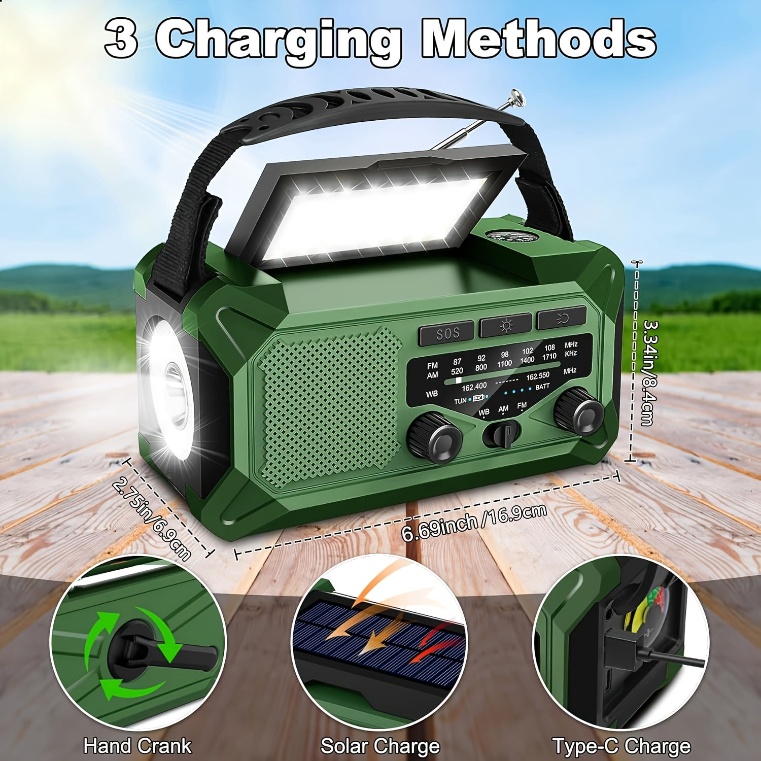 10000mAh Emergency Radio, Solar Radio, Hand Crank Radio, NOAA AM FM Weather Radio, 4 Charging Methods, Polymer Battery, Flashlight & Reading Lamp, SOS Alarm, Phone Charger For Emergency