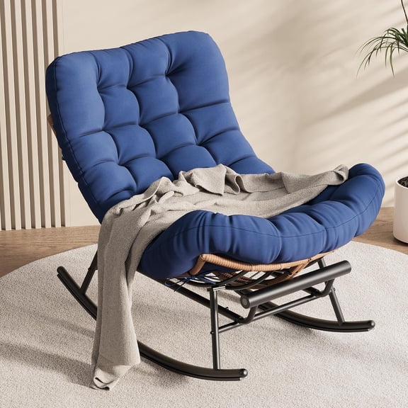 EastVita Papasan Rocking Chair with Thick Cushion Outdoor Patio Rocking Chairs with Footrest Oversized Rocker Wicker Chair for Bedroom Living Room Porch Garden Lawn (Dark Blue)