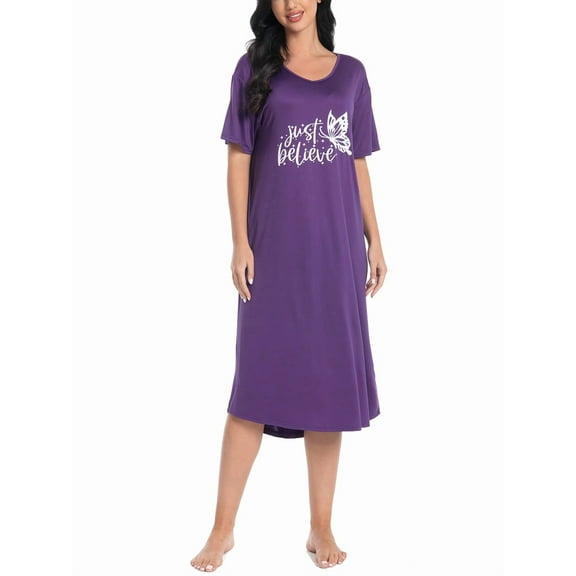 FEREMO Nightgowns for Women V Neck Short Sleeve Sleepshirt Printed Soft Sleepwear