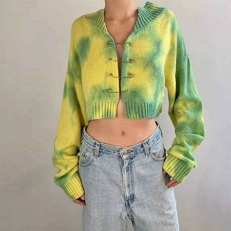 Women Long Sleeve V Neck Tie Dye Sweater Coat Safety Pin Knit Cardigan Crop Top