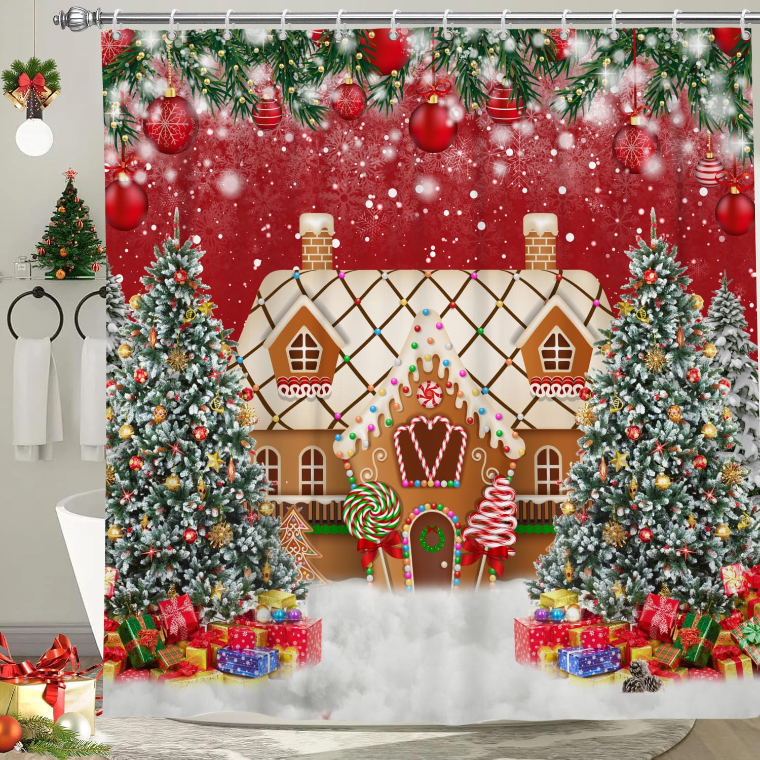 Winter Christmas Shower Curtain,Xmas Pine Tree Red Waterproof Fabric Bath Curtain with Hooks,72"x78"