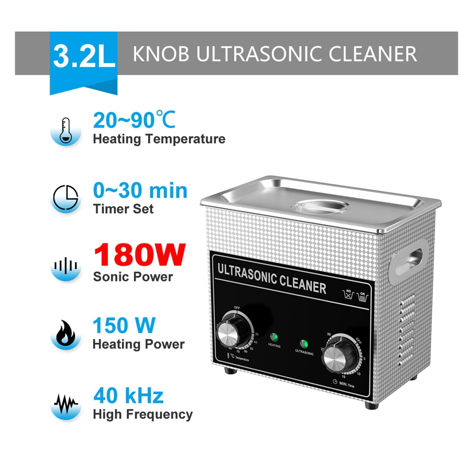 Ultrasonic Cleaner Bath 3.2L Plus 180W 40kHz With 3 Transducers Mechanical Knob Control Heater Timer