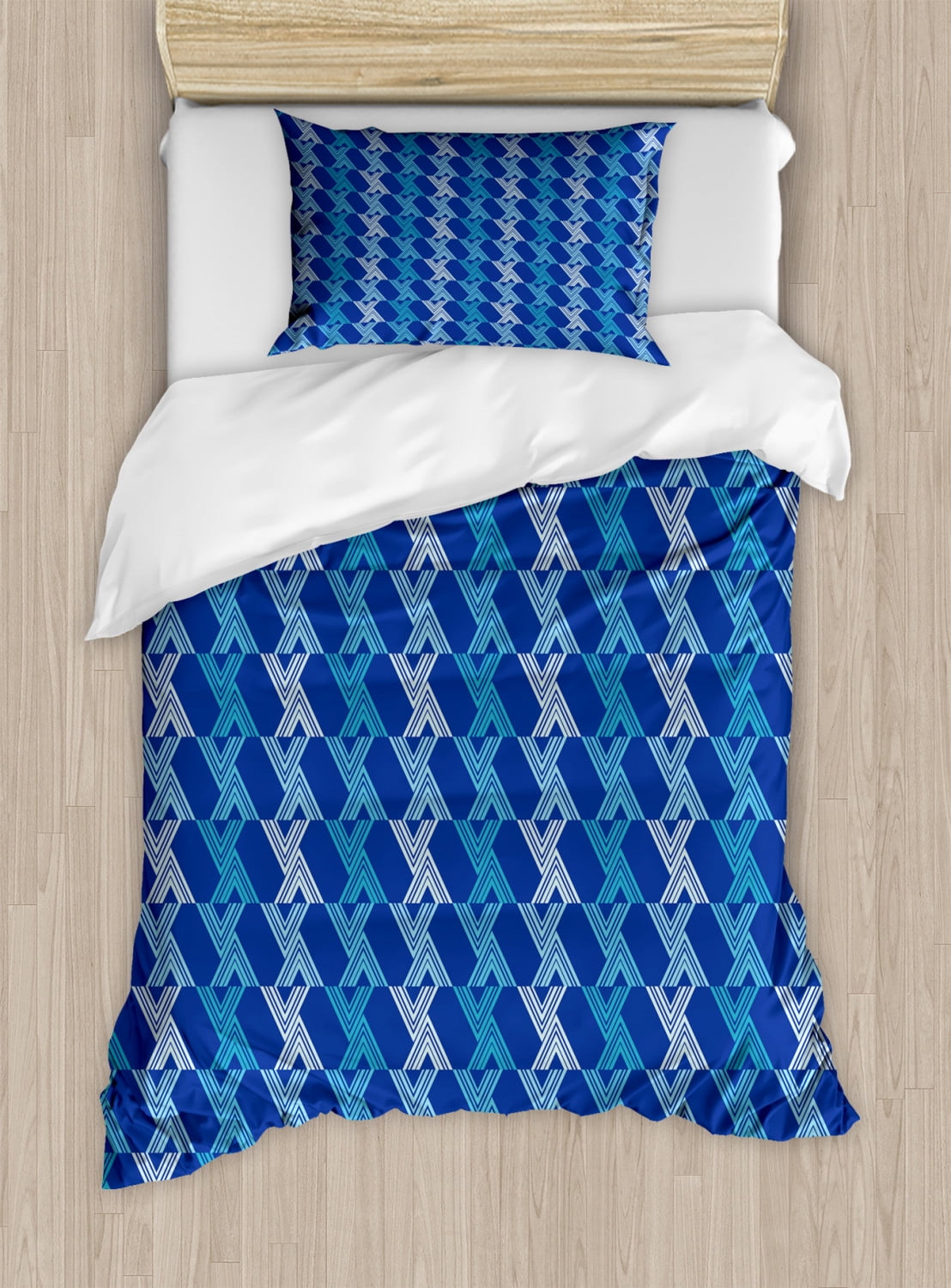 Blue Duvet Cover Set, Abstract Geometric Pattern with Modernistic Art