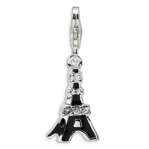 Sterling Silver 3-D Black Enameled CZ Eiffel Tower With Lobster Clasp Charm - Measures 30x11mm