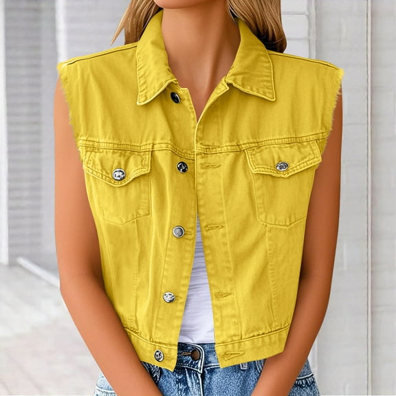 AUNVITO Women's Solid Color Sleeveless Vest Button Front Lapel Collar Casual Leisure Style
