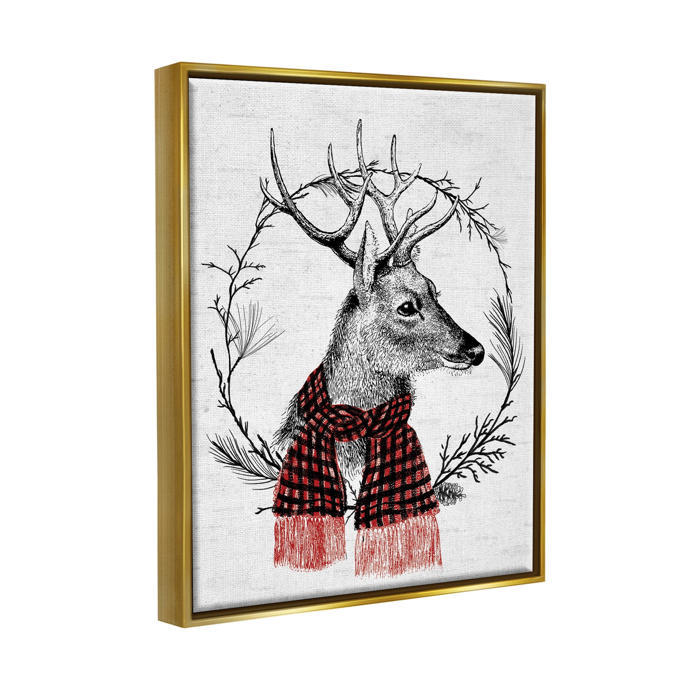 Stupell Industries Deer Winter Botanical Wreath Graphic Art Metallic Gold Floating Framed Canvas Print Wall Art, Design by Lettered and Lined