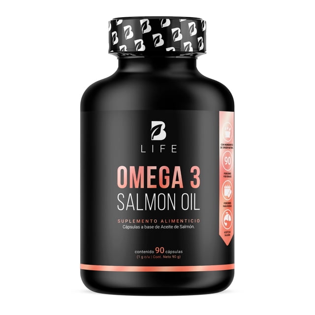 Omega 3 de Salmón 90 Cápsulas de 1000 mg. Ingredientes naturales: Alta Concentración de Aceite puro de Salmón (EPA - DHA). Omega 3 Salmon Oil B Life.