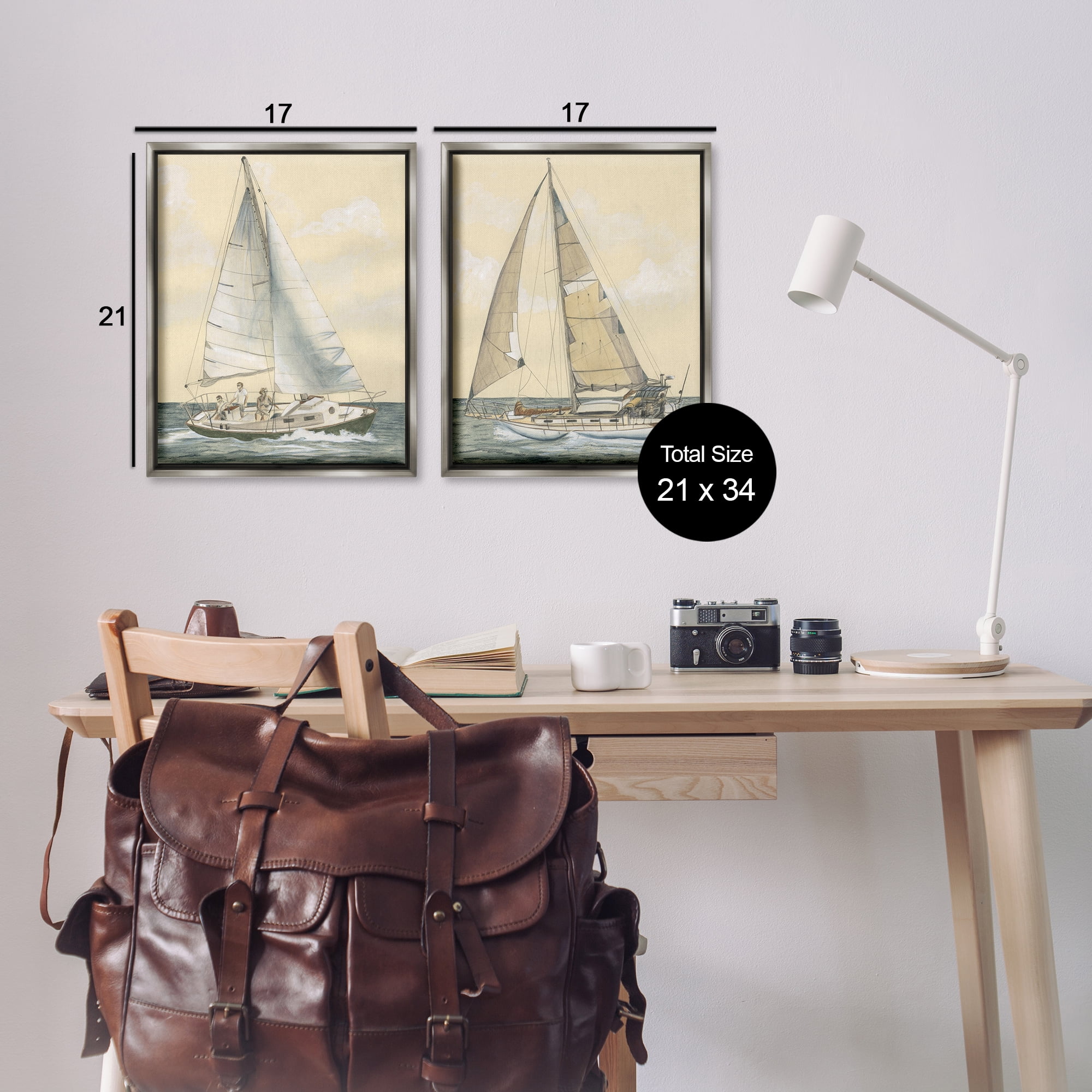Stupell Industries Sailboat Crew At Sea People Painting Gray Floater Framed Canvas Art Print Wall Art, 17 x 21, Set of 2