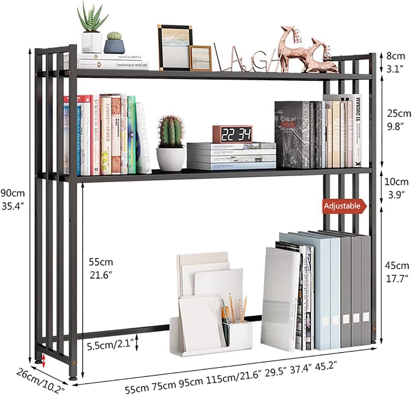 Metal Desk Hutch Dorm,2-Tier Desktop Bookshelf,Computer Desktop Organizer,Adjustable Display Rack for Home Office Dorm Countertop Storage Organizer (75cm/29.5", White)