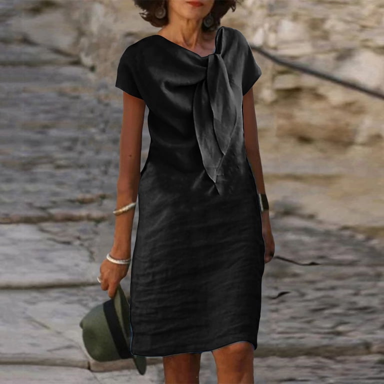 SONXAHE Women's Chic Tie-Neck Knee Length Dress Short Sleeve Formal Daily Sheath Mini Dress