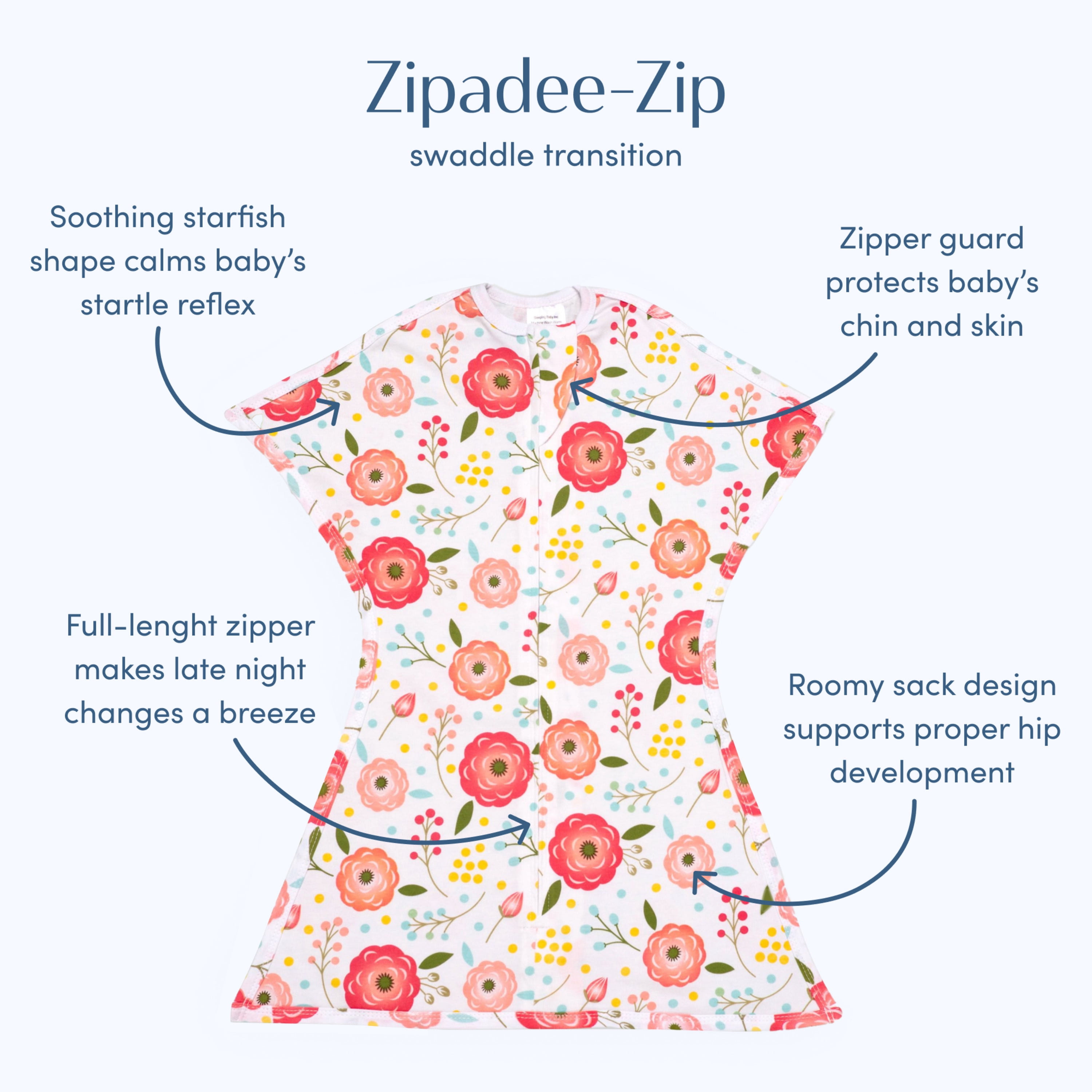 SleepingBaby Zipadee-Zip Transition Swaddle for Self-Soothing & Better Sleep, Pink Poppy, X Small (3-6 Months)