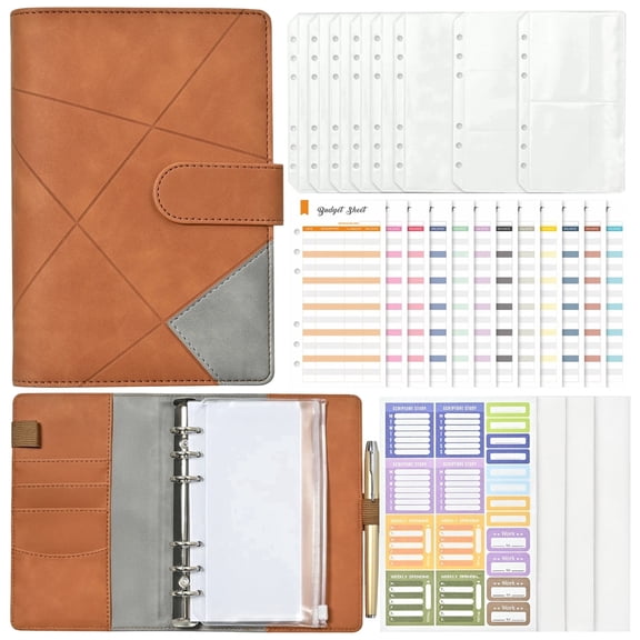 A6 PU Leather Cash Budget Binder, Vintage Embossed Personal Planner with Zipper Pocket, Card Slots, Side Pockets, 12 Budget Sheets, WEEK Stickers, TODO Stickers, Note Pads, 7.9 x 5.7 in/ 20 x 14.5 cm