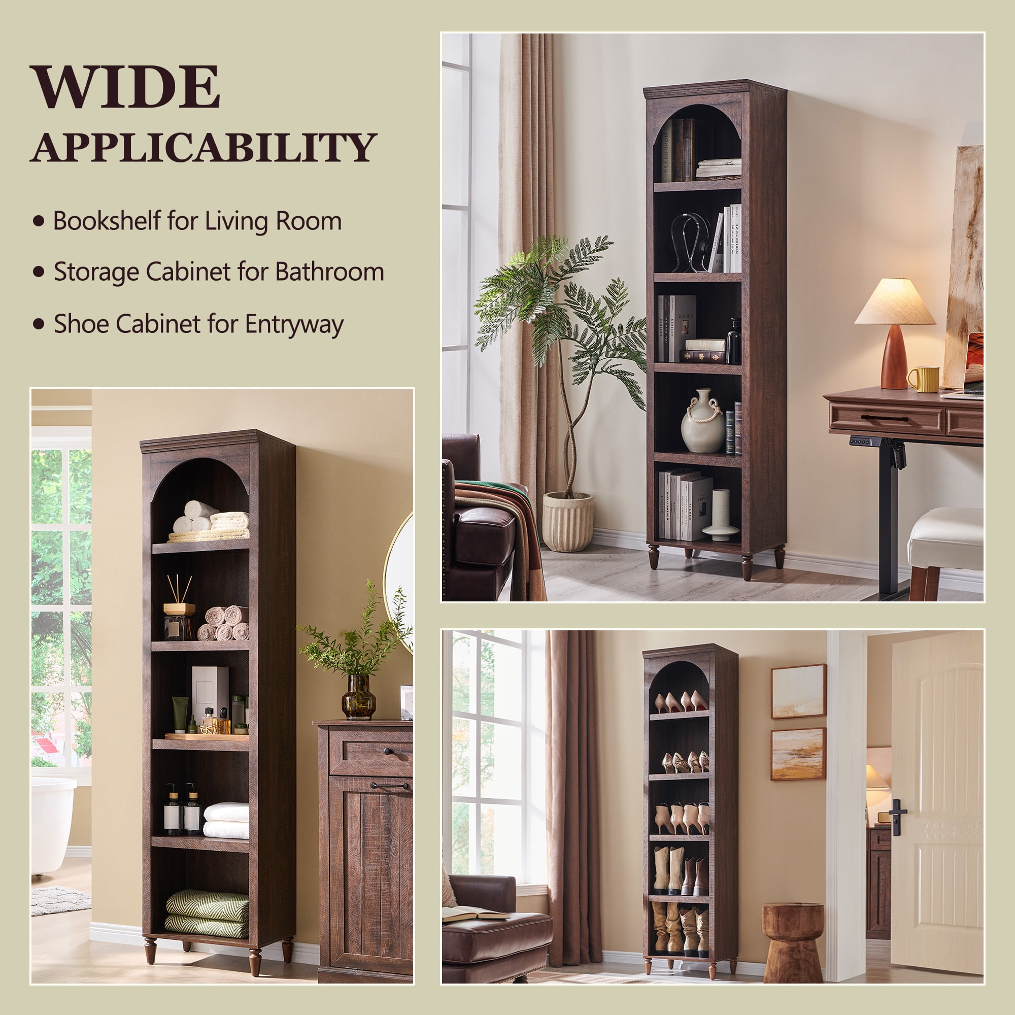 SinCiDo Arched Bathroom Storage Cabinet with Adjustable Shelves, 5-Tier Narrow Bathroom Cabinet for Bathroom, Kitchen, Living Room, Brown