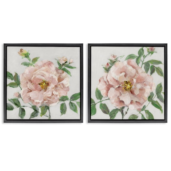 Stupell Industries Soft & Subtle Peonies Floral Painting Black Floater Framed Canvas Art Print Wall Art, 18 x 18, Set of 2