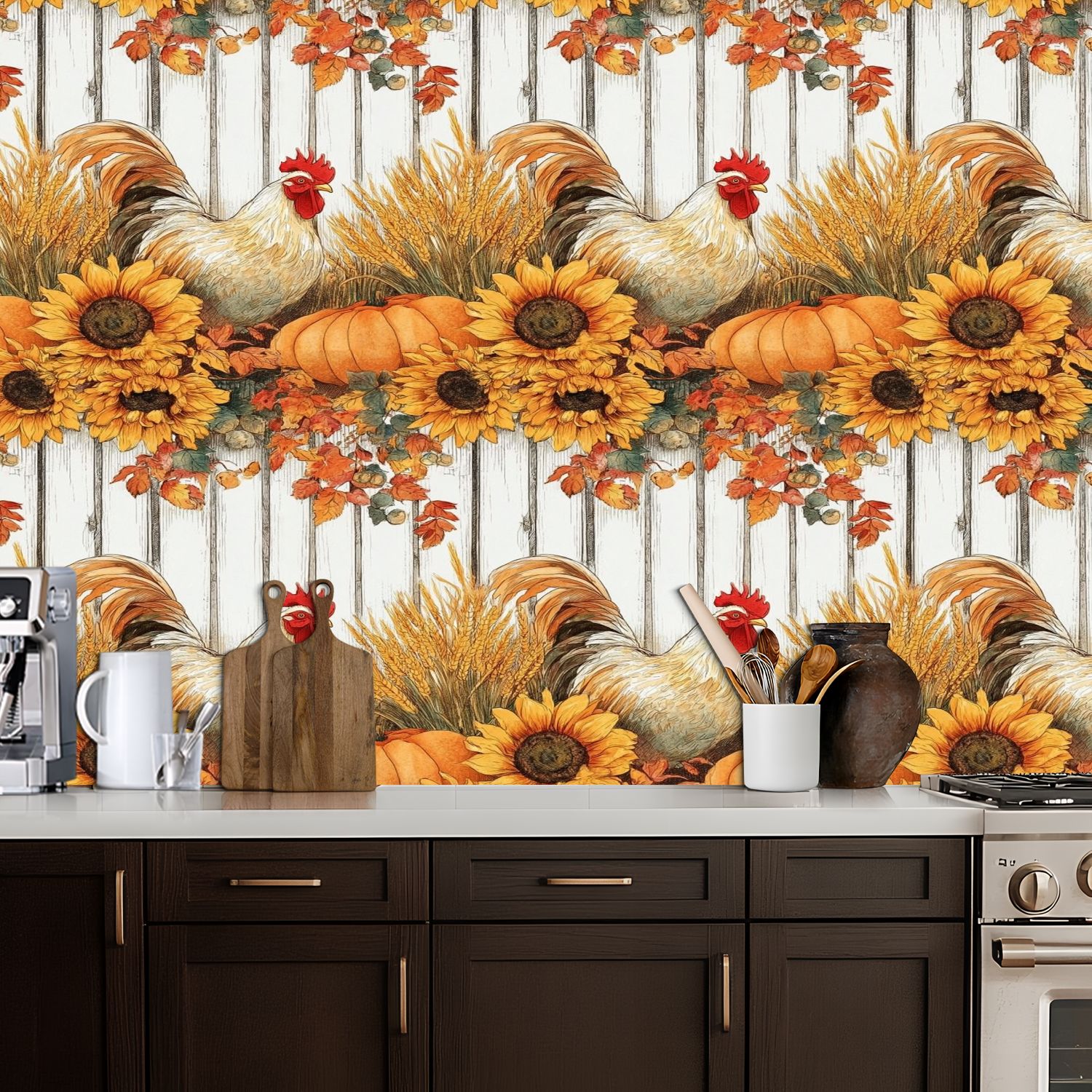 Farmhouse Peel and Stick Wallpaper 17.7in x 9.8ft Autumn Harvest Scene Sunflowers Pumpkins Roosters Fall Contact Paper Vinyl Waterproof Self Adhesive Wall Paper for Bedroom Cabinet Renter Friendly